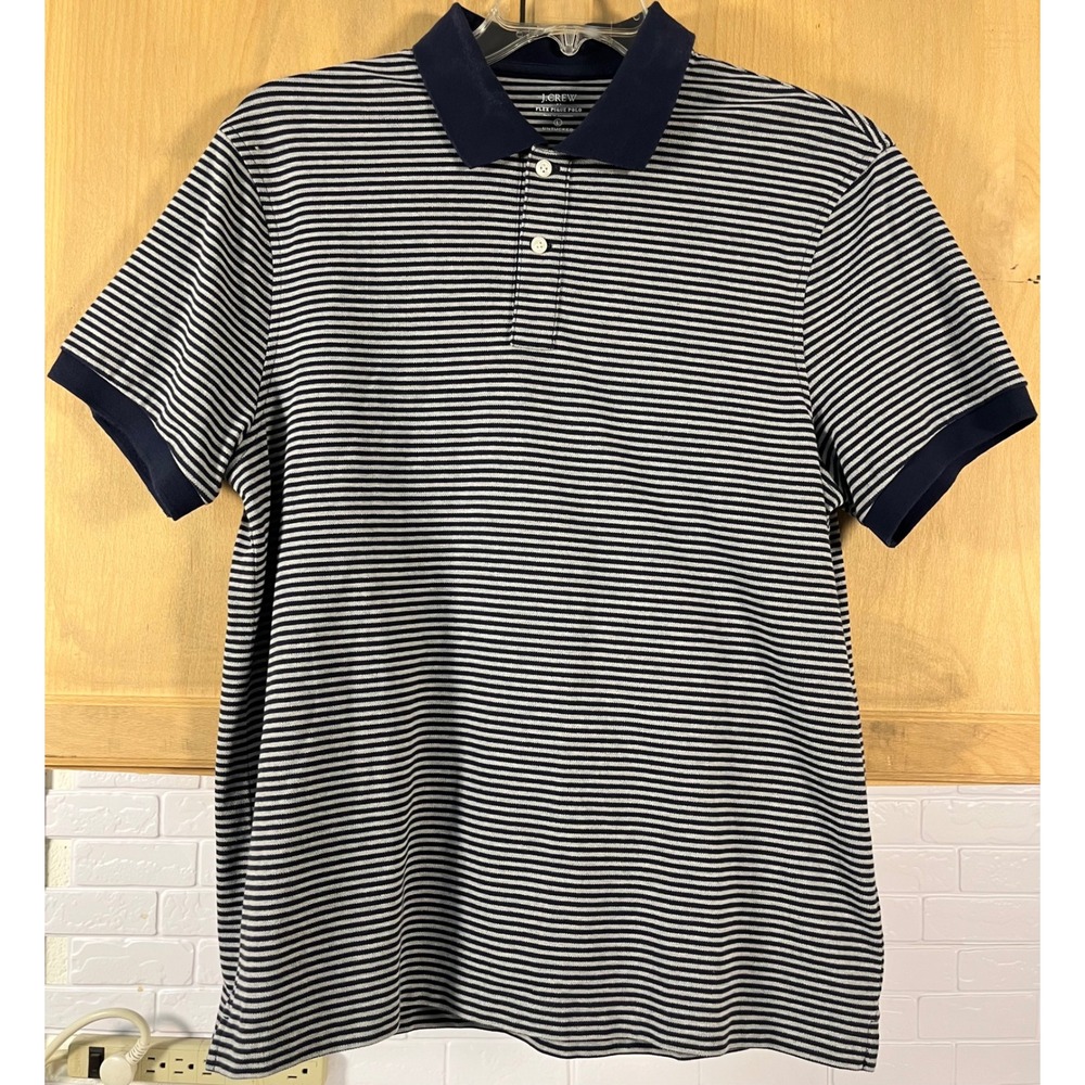 J.Crew Flex Pique Polo Mens L Navy Striped Untucked Short Sleeve Shirt